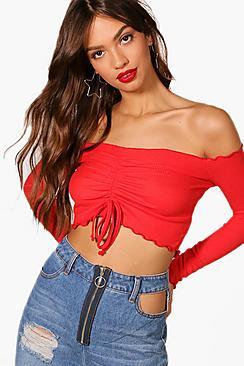 Boohoo Emma Ruched Front Long Sleeve Lettuce Hem Top