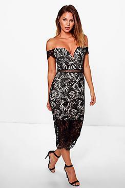 Boohoo Boutique Bea Off Shoulder Lace Midi Dress