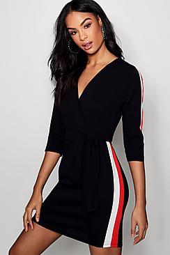 Boohoo Charlie Contrast Stripe Belted Wrap Dress