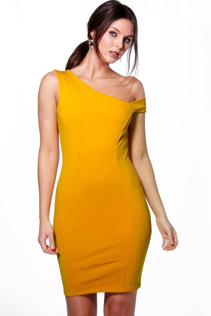 Boohoo Kelly Off The Shoulder Detail Bodycon Dress Ochre