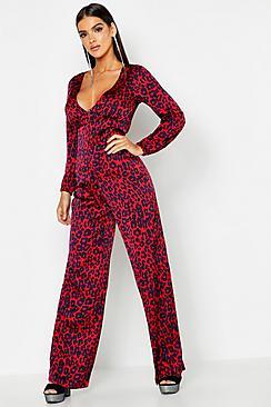 Boohoo Leopard Satin Button Jumpsuit