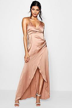 Boohoo Boutique Satin Wrap Maxi Dress