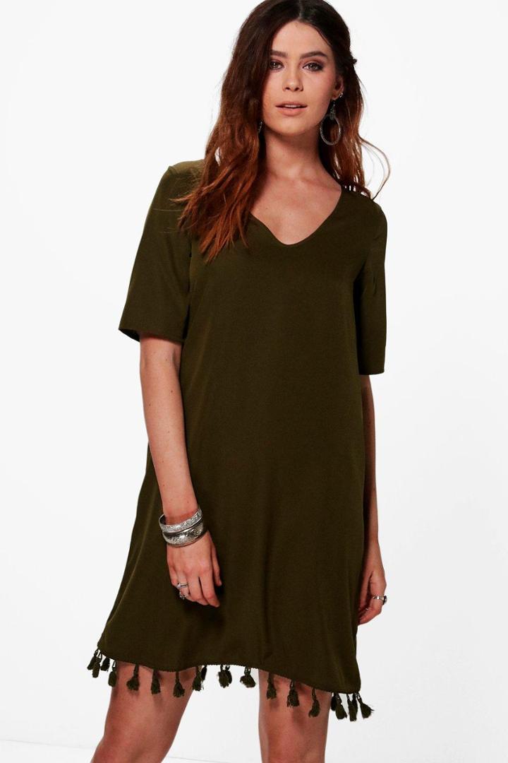 Boohoo Tall Alessia Tassel Hem Woven Dress Khaki
