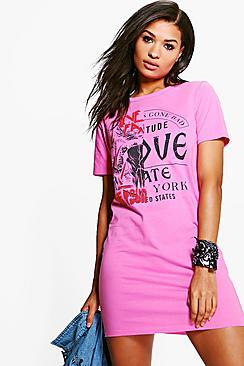 Boohoo Elle Spliced Printed Slash Back T-shirt Dress