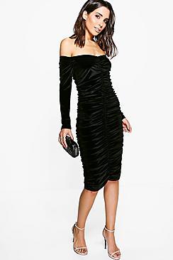 Boohoo Azra Velvet Ruched Off Shoulder Bodycon Dress