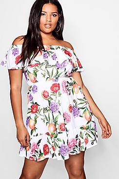 Boohoo Plus Jess Off Shoulder Ruffle Fruit Sun Dress