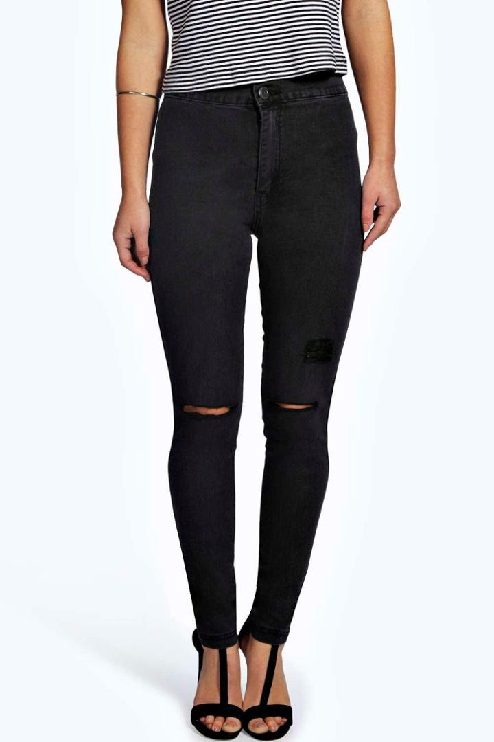 Boohoo Petite Faye Split Knee Skinny Jeans Charcoal