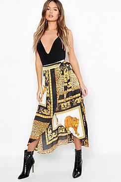 Boohoo Chain Scarf Satin Print Wrap Midaxi Skirt