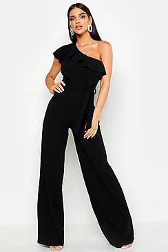 Boohoo One Shoulder Tie Belt Wide Leg Jumpsuit