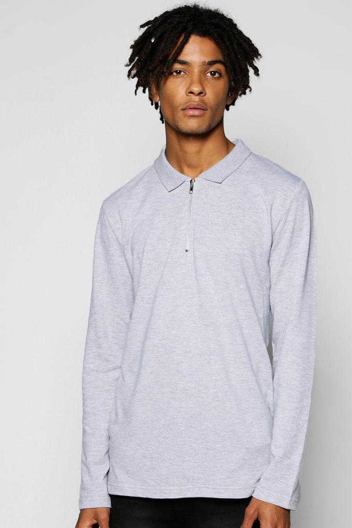 Boohoo Long Sleeve Pique Polo With Zip Placket Grey