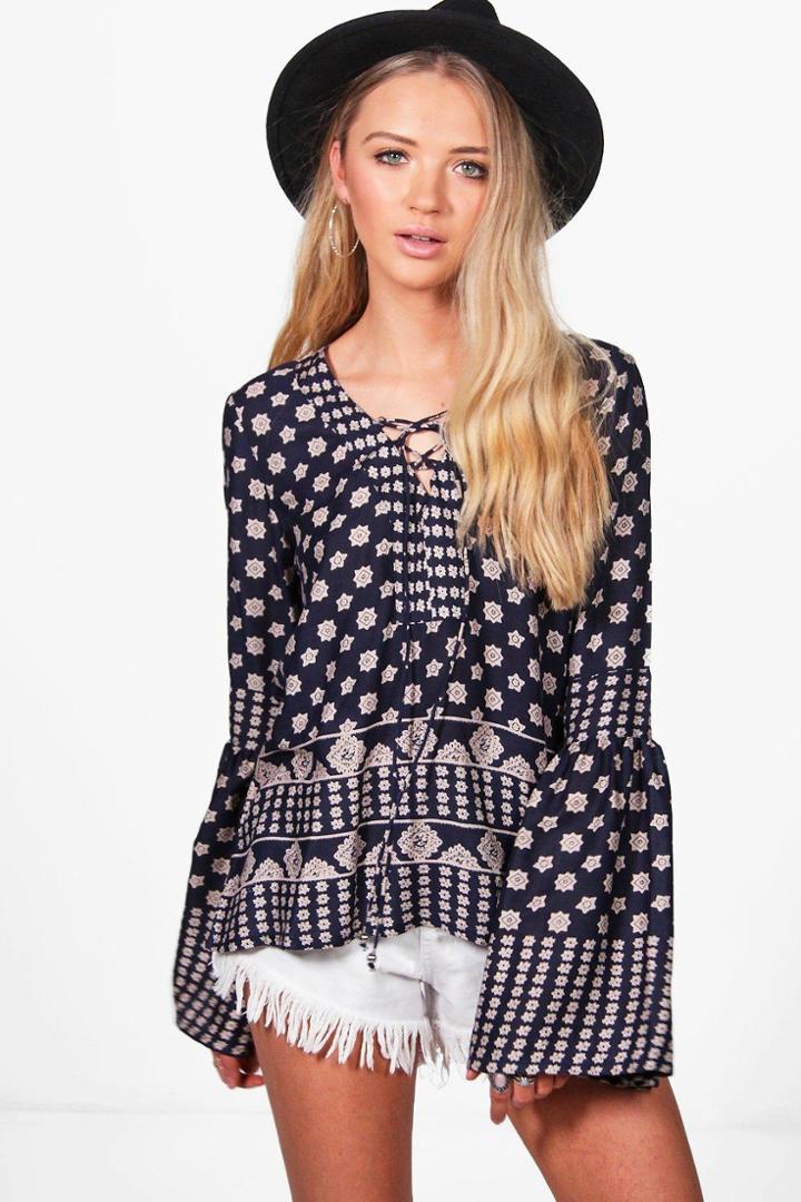 Boohoo Ella Paisley Printed Tie Front Top Blue