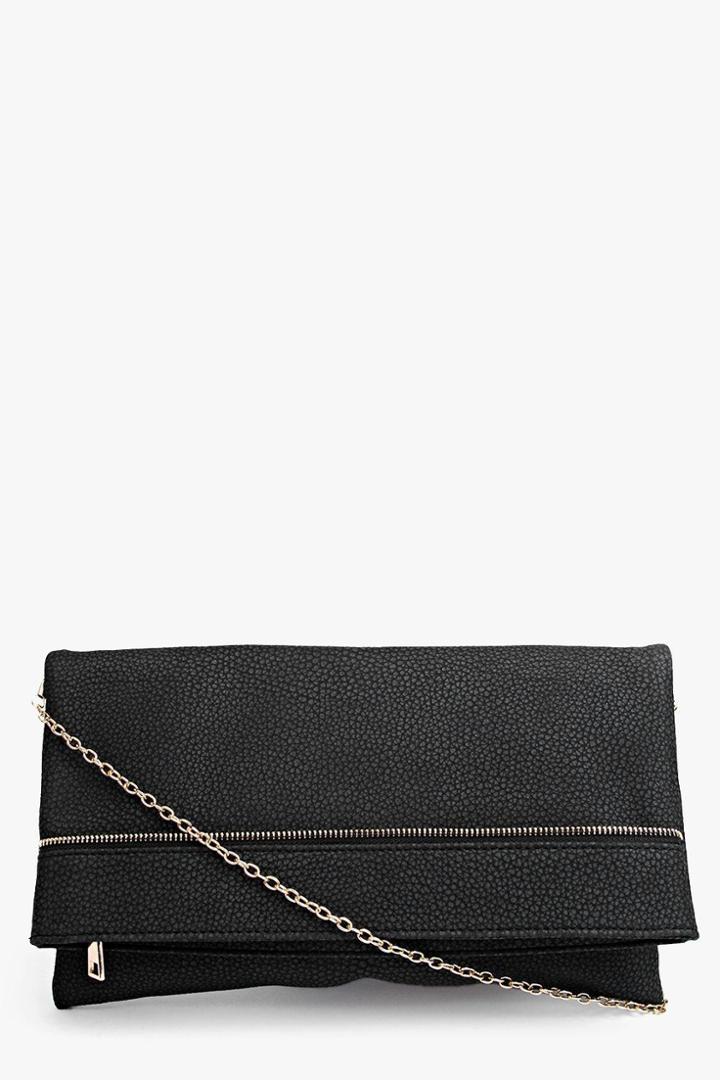 Boohoo Leah Zip Detail Fold Over Clutch Bag Black
