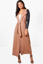 Boohoo Freya Maxi Pu Sleeve Belted Duster Camel