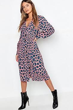 Boohoo Woven Leopard Button Midi Dress