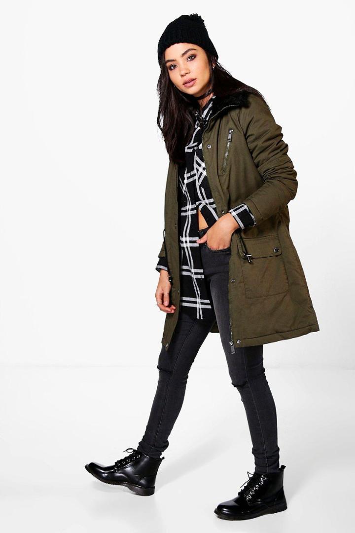 Boohoo Ella Twill Parka With Chunky Faux Fur Trim Khaki
