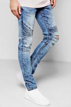 Boohoo Blue Wash Denim Biker Jeans Skinny Fit Ripped Knees Blue