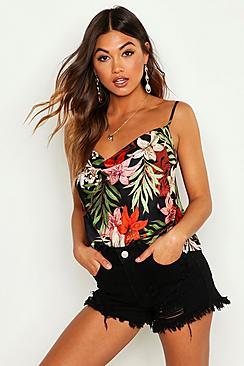 Boohoo Satin Tropical Print Cowl Camisole