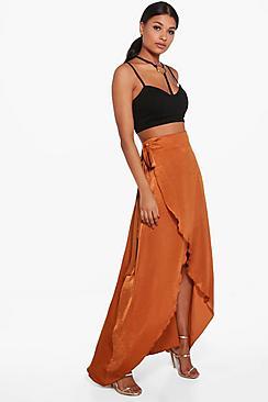 Boohoo Tie Waist Wrap Front Luxe Maxi Skirt