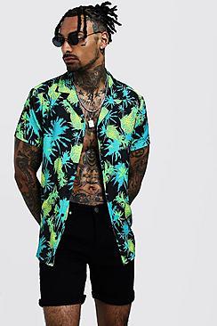 Boohoo Pineapple Print Short Sleeve Revere Shirt