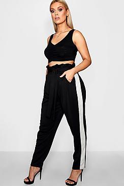 Boohoo Plus Gemma Tie Waist Sports Stripe Trouser