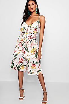 Boohoo Tasha Floral Ruffle Open Back Midi Skater Dress