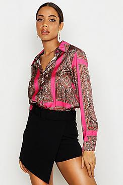 Boohoo Satin Scarf Print Shirt