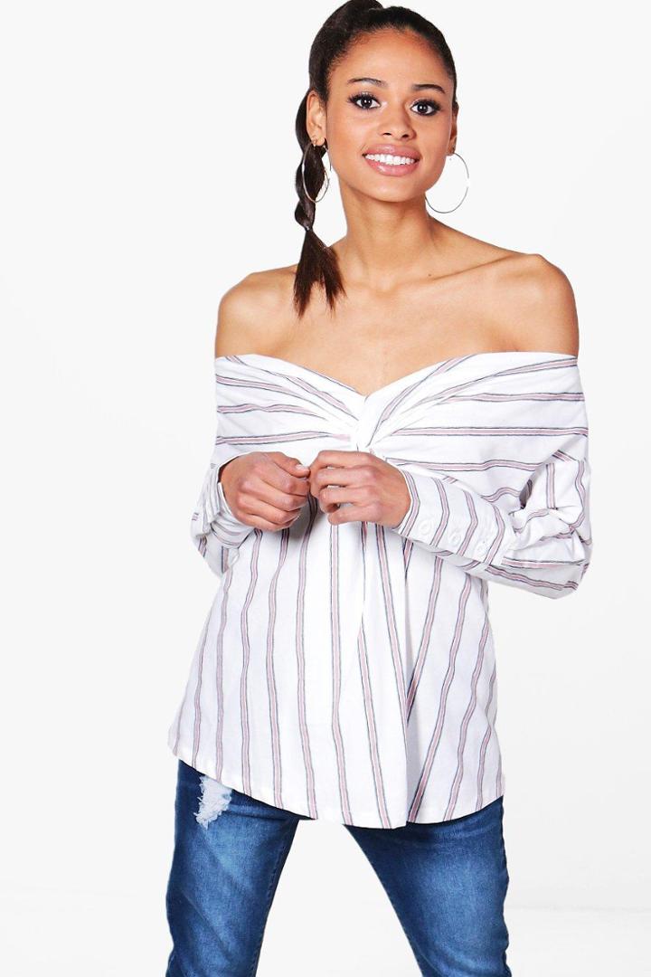 Boohoo Stella Striped Knot Front Bardot Blouse White