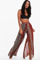 Boohoo Gracie Burnt Aztec Split Leg Beach Trouser Orange
