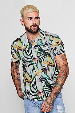Boohoo Tropical Leaf Print Short Sleeve Revere Shirt