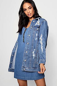Boohoo Elena Long Line Ultra Distressed Denim Jacket