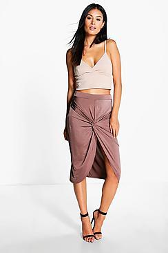 Boohoo Aya Knot Front Slinky Midi Skirt