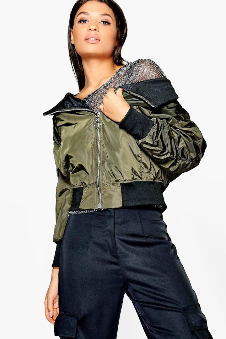 Boohoo Georgina Bardot Bomber Jacket Khaki