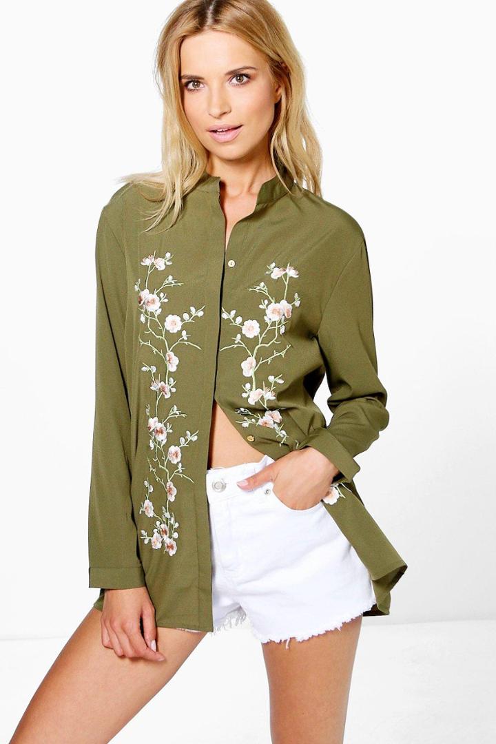 Boohoo Nina Boutique Embroidered Front Shirt Khaki