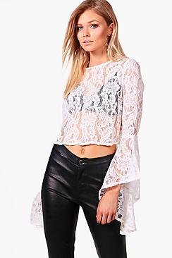 Boohoo Petite Bai Corded Bell Sleeve Lace Crop Top