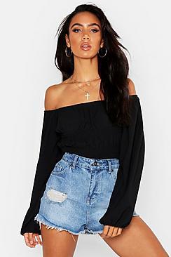 Boohoo Woven Shirred Square Neck Volume Sleeve Top