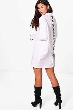 Boohoo Slogan Lace Up Eyelet Shirt Dress