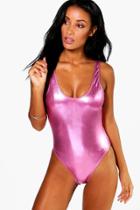 Boohoo Palma Pink Metalic Scoop Back Bathing Suit Pink