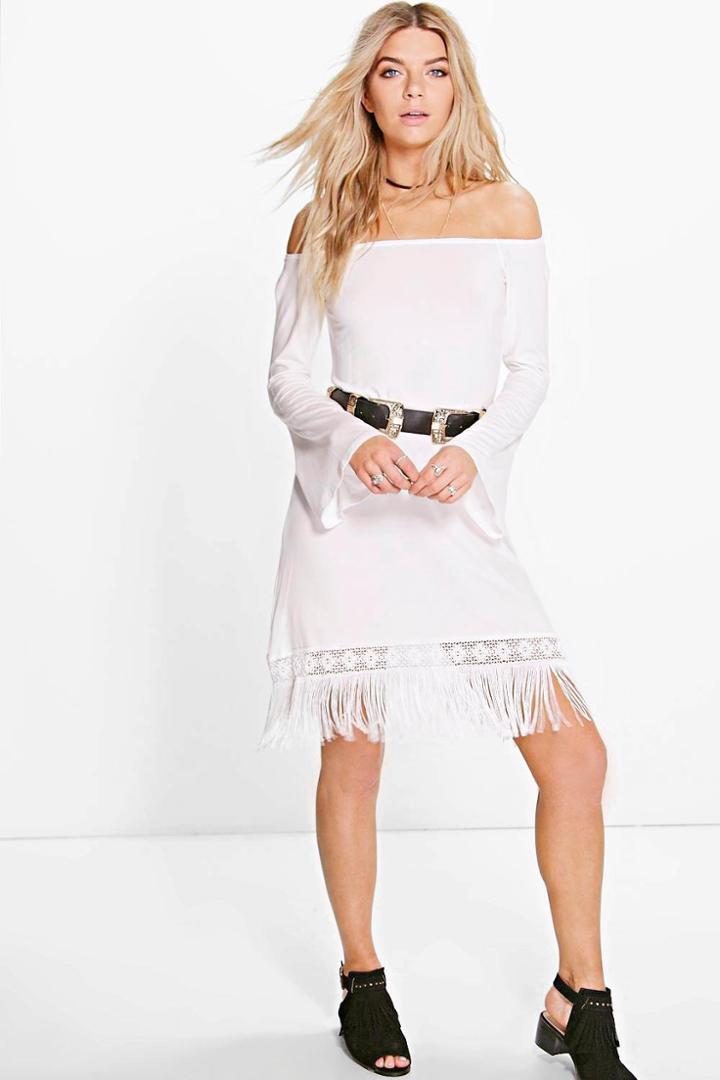 Boohoo Arabella Off The Shoulder Fringe Dress White