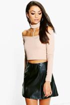 Boohoo Tall Maddie Textured Off The Shoulder Neck Strap Crop Stone