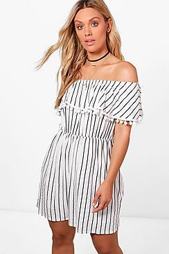 Boohoo Plus Kirsten Pom Pom Trim Stripe Bardot Dress