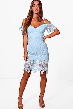 Boohoo Petite Lucie Corded Lace Cold Shoulder Midi Dress