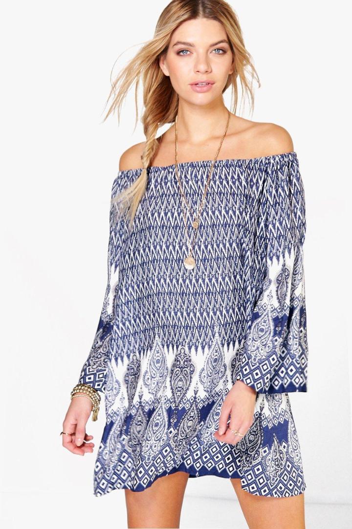 Boohoo Pamela Off Shoulder Paisley Swing Dress Navy