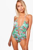 Boohoo Cyprus Lace Up Detail Halterneck Tropical Swimsuit