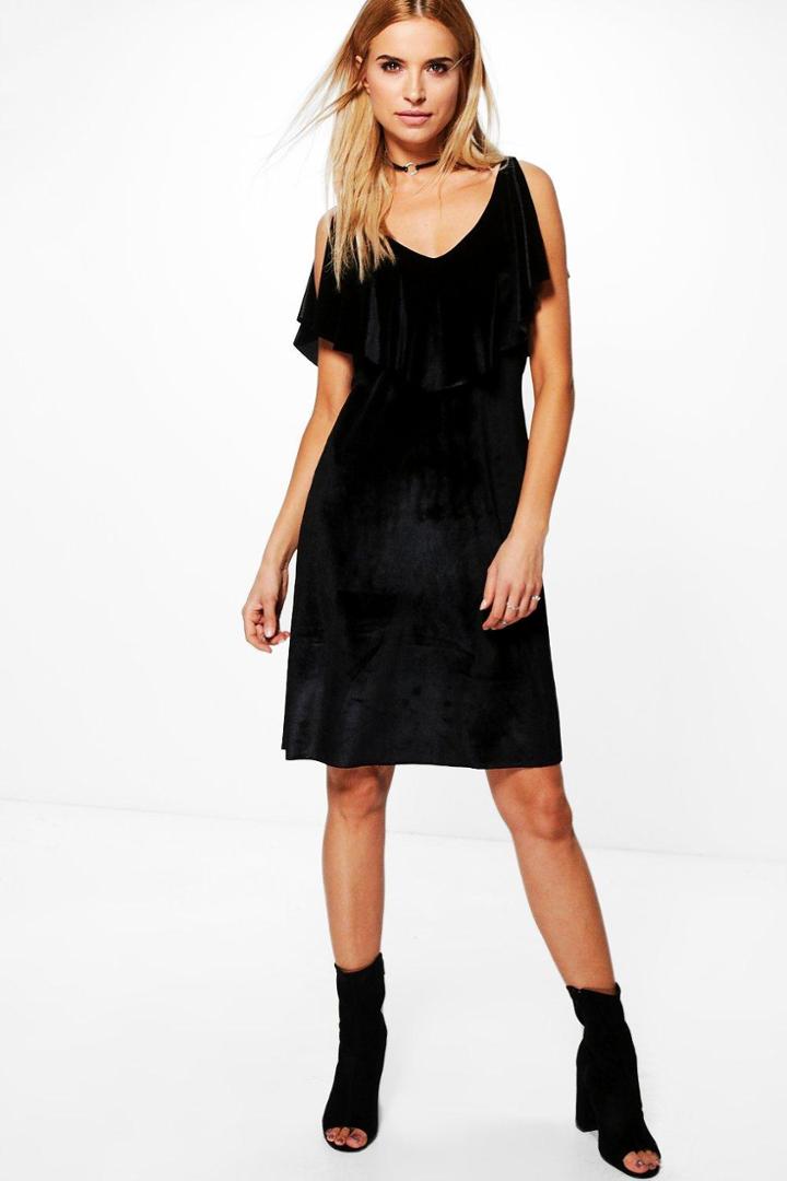 Boohoo Abigail Velvet Ruffle Shoulder Dress Black