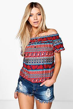 Boohoo Bonnie Cold Shoulder Woven Print Gypsy Crop