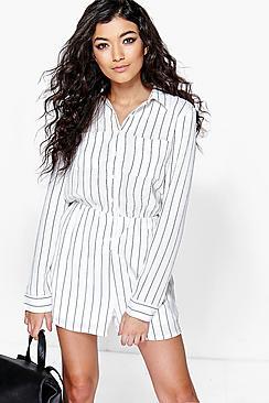 Boohoo Ada Striped Shirt Style Playsuit