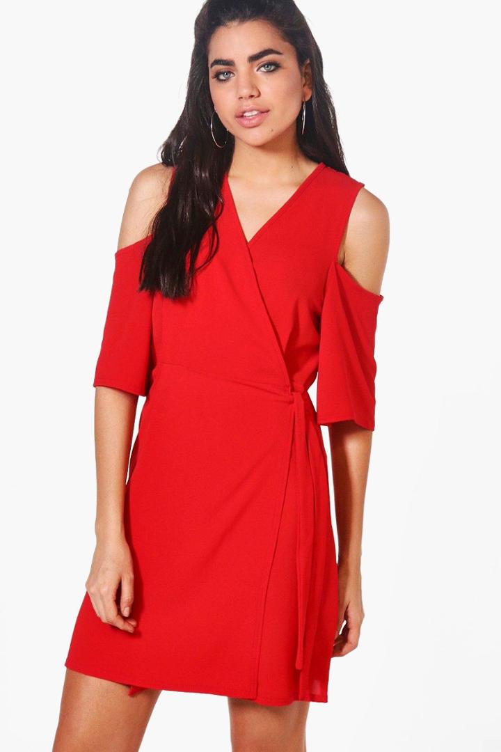 Boohoo Esme Cold Shoulder Woven Wrap Dress Red