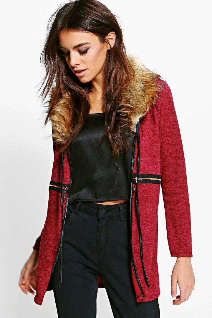 Boohoo Stella Faux Fur Collar Zip Cardigan Wine