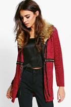 Boohoo Stella Faux Fur Collar Zip Cardigan Wine