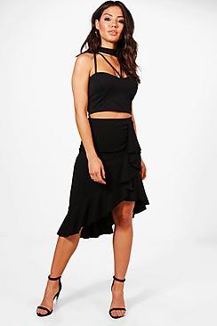 Boohoo Katie Asymetric Ruffle Hem Crepe Midi Skirt